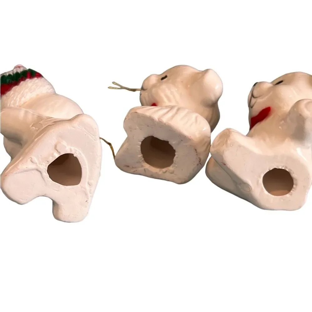 Vintage Teddy Bear Ceramic Ornaments Set of 3 Christmas Stocking Hate Red Green